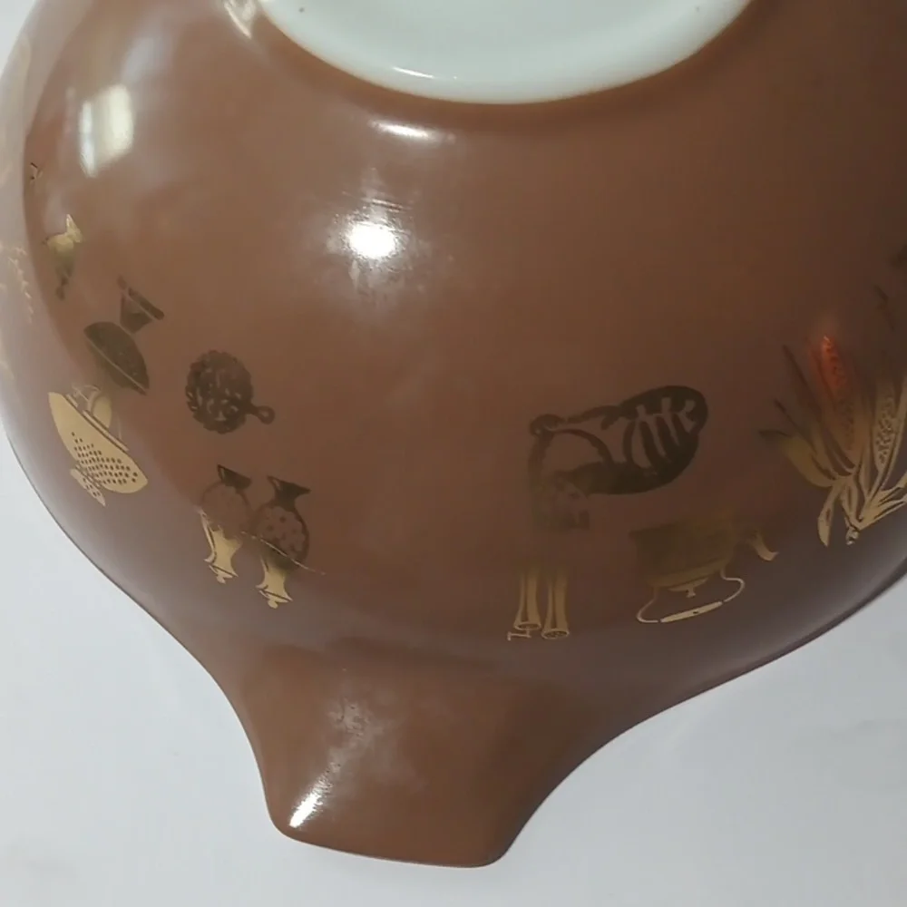PYREX Vintage Mixing Serving Bowl Chocolate Golden Symbols Graphics Hand Washed
